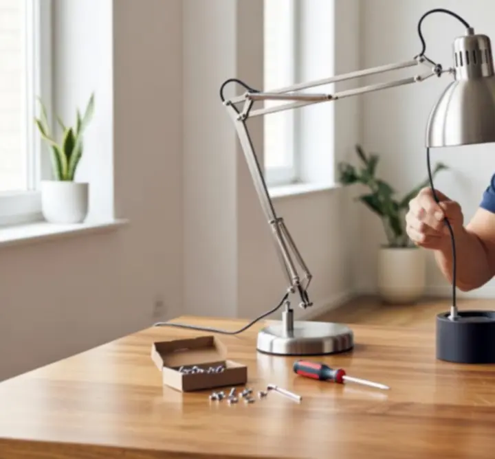 Monteur installeert een bureaulamp op een moderne werkplek