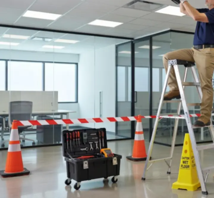 Installatieteam vakkundig aan het werk met moderne bureaulamp