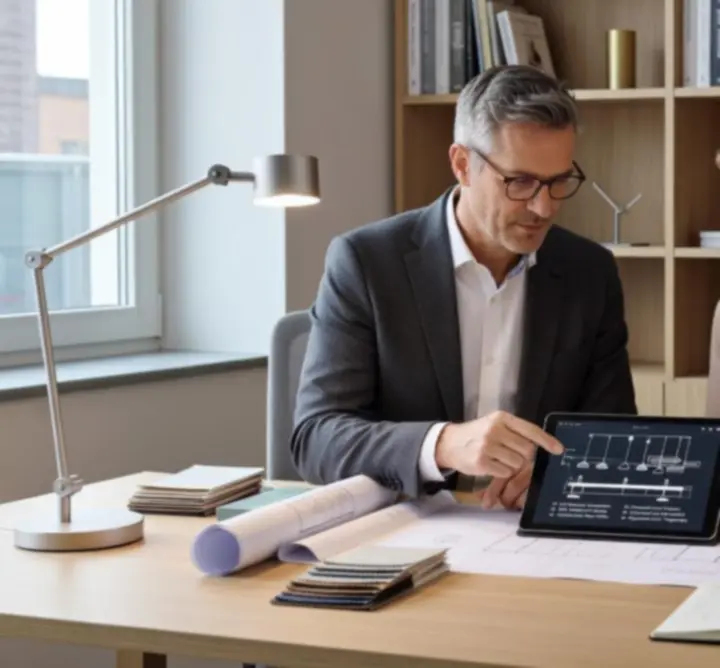 Lichtadviseur die een lees- en werkruimte beoordeelt tijdens een consultatie.