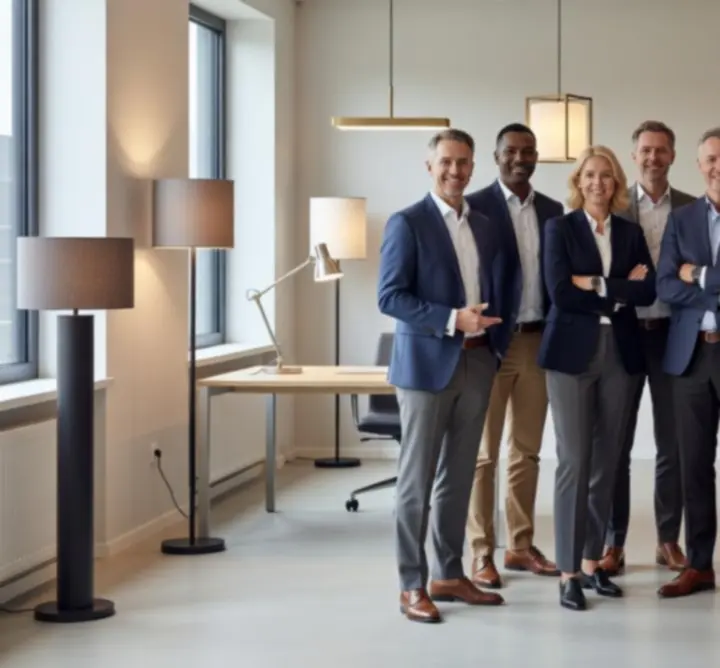 Team van ervaren lichtadviseurs die samenwerken rond een verlichtingsplan.