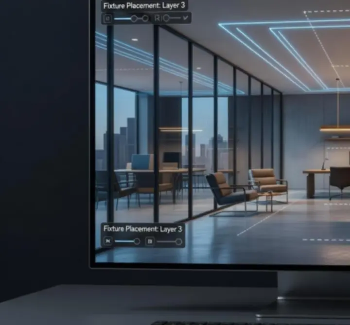 Digitale visualisatie van een werkruimte met verschillende lichtzones