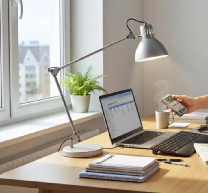 Analyse van bestaande werkplekverlichting bij een modern bureau met leeslamp.